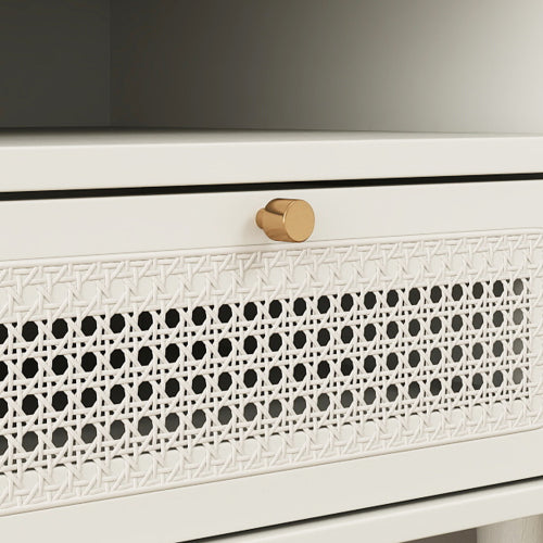 Cream White Dual-Tier Woven Nightstand