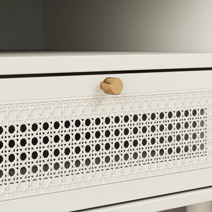 Cream White Dual-Tier Woven Nightstand