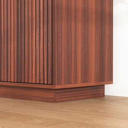 Walnut Handleless Fluted 4-Door TV Stand Built-In Power Outlet Adjustable 3-Tier Storage Cabinet Up To 85 Inch TV