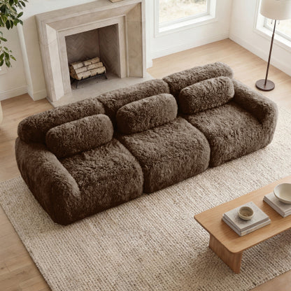 114 inch  Chocolate Plush Modular Sectional Sofa,Buckle Connection,No Assembly,Throw Pillows
