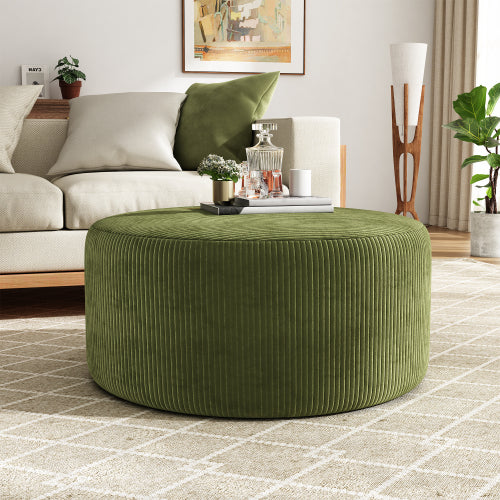 30.5 Inch Olive Green Corduroy Round Ottoman, Upholstered Modular Footrest with Spring & Foam Cushion Support