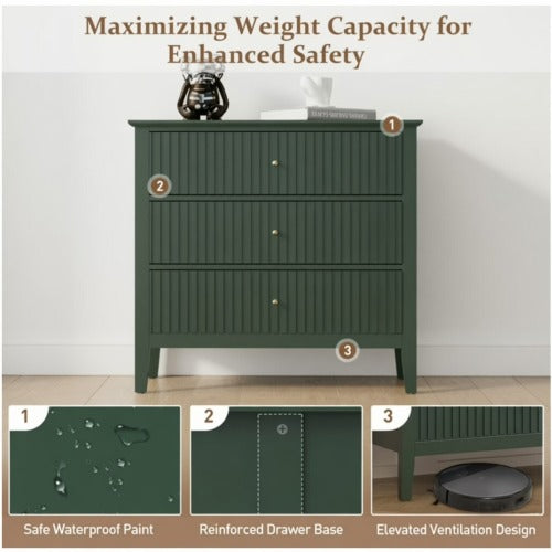 32inch Green Fluted 3-Drawer Nightstand