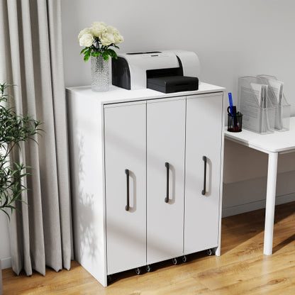 3-Tier Freestanding Pull-Out Door Mobile Bookcase Multi-Grid Storage Cabinet with Universal Wheels