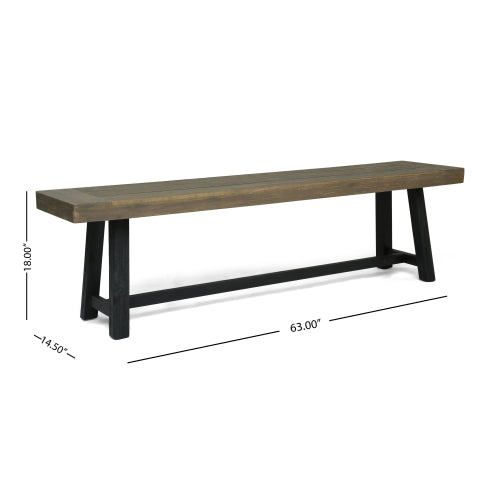 Outdoor Acacia Wood Bench, Sandblast Gray Finish and Black