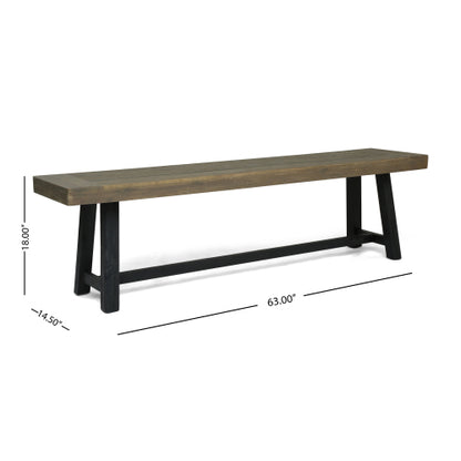 Outdoor Acacia Wood Bench, Sandblast Gray Finish and Black