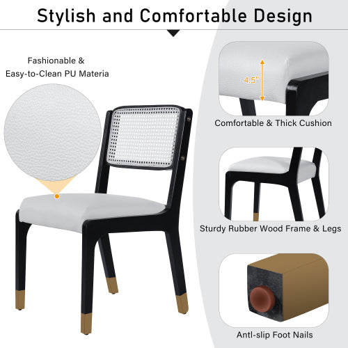 Set of 2 Modern Farmhouse Dining Chairs with Rattan Back, PU Leather Seat and Solid Wood Legs, Black