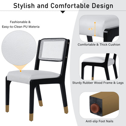 Set of 2 Modern Farmhouse Dining Chairs with Rattan Back, PU Leather Seat and Solid Wood Legs, Black