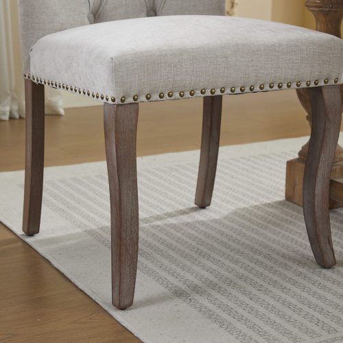 Upholstered Chenille Dining Chair Set of 2, Tufted Accent Chair with Curved Solid Wood Legs, Beige
