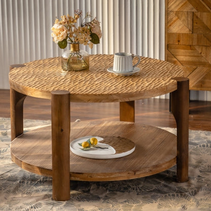 Round 2-Tier Coffee Table Solid Wood Legs Storage Shelf Mid Century Style