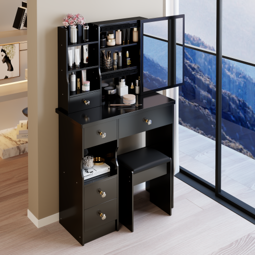 29.2" Small Size Left Drawer Desktop Vanity Table + Cushioned Stool, Extra Large Right sliding mirror, Multi Layer High Capacity Storage, Practical Fashionable Dresser, Suitable For Small Space