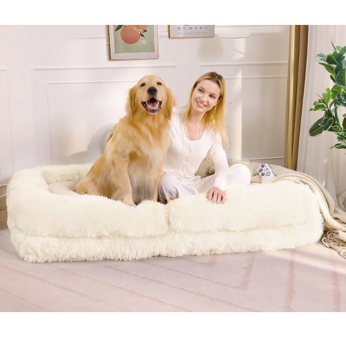 Beige 5-Position Adjustable Human-Size Floor Sofa Bed, Plush Faux Fur