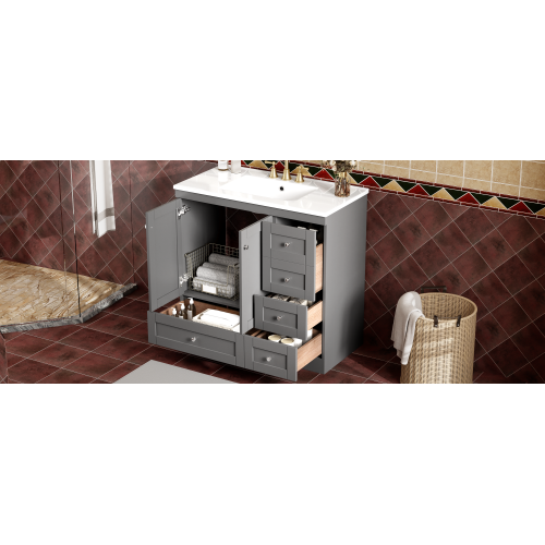 36 inch Shaker Style Free-Standing Bathroom Vanity Cabinet with Ceramic Sink, 4 Soft-close Drawers and 2 Soft-close doors