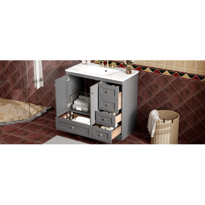 36 inch Shaker Style Free-Standing Bathroom Vanity Cabinet with Ceramic Sink, 4 Soft-close Drawers and 2 Soft-close doors
