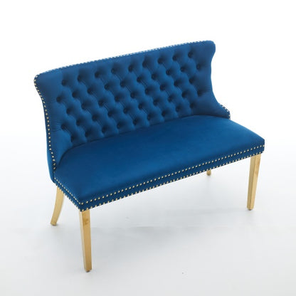 Velvet Double Dining Loveseat Bench, Kitchen & Dining Seating, 2-Seat Tufted Bench w/Handmade Buttons, Wing Back, Gold-Plated Steel Legs, Mid Century Modern,Single Pack,Blue