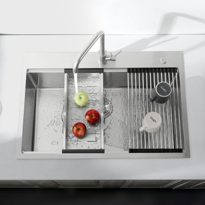 Stainless Steel Kitchen Sink, 33″x22″ Single Bowl, Overmount Handmade Sink in Brushed, with Cutting Board, Colander, Grid, LS-SSBR01