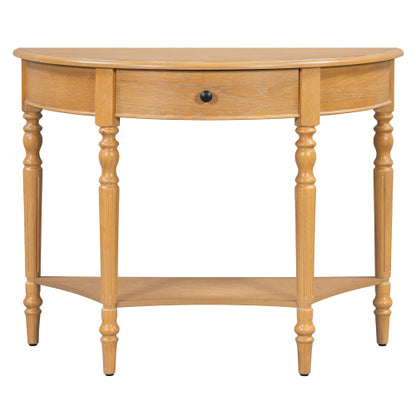 Half Moon Console Table with Drawer & Shelf - Rustic Accent Table, Sofa Table for Entryway, Living Room, Hallway and Foyer (Natural)