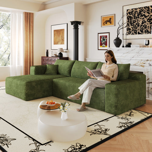 103 inch  Green Plush Corduroy L-Shape Cloud Modular Sofa, No Assembly