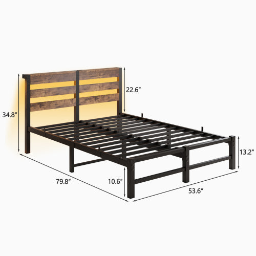 Full Size  Metal Bed Frame with Wooden Headboard, RGB Lights,  Charger, Storage Shelf, Noise-Free, No Box Spring Needed,Rustic Brown