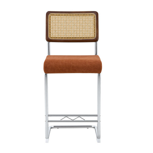 Natural Woven Bar Stool 2-Piece Set with Solid Wood Backrest 25 Inches Medieval Modern Style Counter Stool Coffee Color Velvet Kitchen Stool Chrome Metal Legs.
