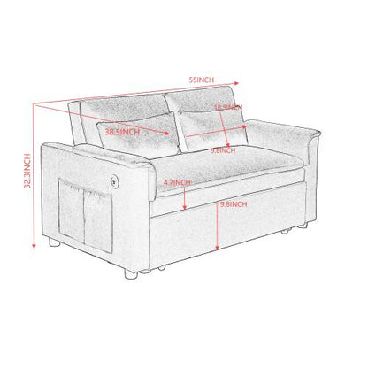 Beige 55 inch  Velvet 3-in-1 Pull-Out Loveseat Sofa-Bed,USB & Side Pockets