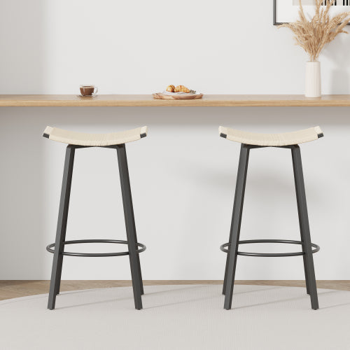 Counter Height Bar Stools Backless Handwoven Kitchen Dining Chairs with Round Footrest Set of 2 PVC Weaving Pub Stool for Indoor & Outdoor (Black & Creamy White)