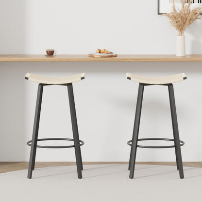 Counter Height Bar Stools Backless Handwoven Kitchen Dining Chairs with Round Footrest Set of 2 PVC Weaving Pub Stool for Indoor & Outdoor (Black & Creamy White)