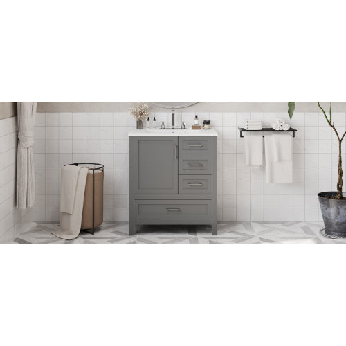 30" Gray Bathroom Vanity with Sink Combination Set, Bathroom Storage Cabinet with Soft Close Door, 3 Soft Close Drawers and Removable Tray, Solid Wood Frame