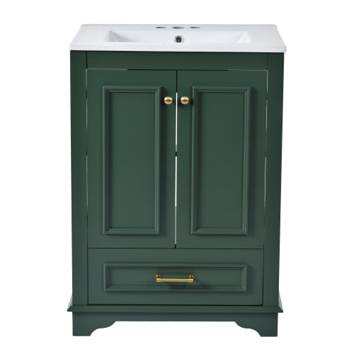 24'' Bathroom Vanity with Ceramic Sink Combo, Modern Freestanding Storage Cabinet with Silver Handles, Soft Closing Doors