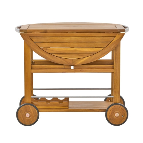 Outdoor Acacia Wood Bar Cart with Foldable Tabletop & Removable Trays, 35.5 inch Rolling Serving Cart for Patio, Deck & Backyard