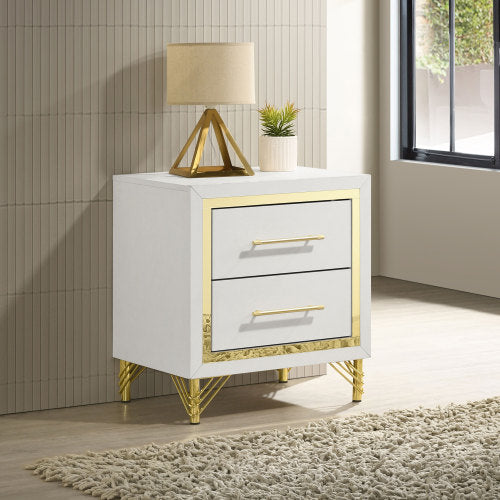 White 2-Drawer Nightstand with Gold Trim, MDF & Melamine