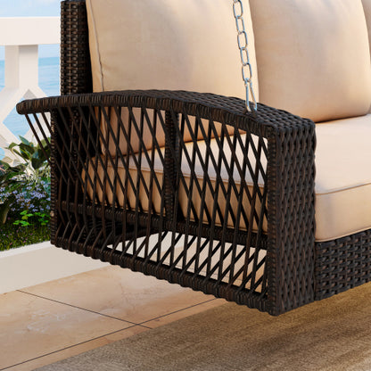 GO 69" PE Wicker 3-Person Porch Swing with Chains, Large Patio Swing Bench with Cushions for Backyard