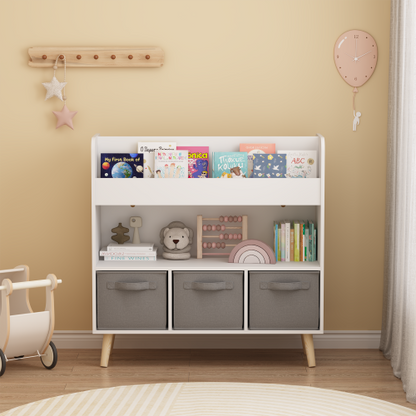 White Gray Kids Bookshelf With 3 Removable Fabric Bins Toy Book Organizer