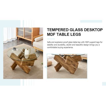 Modern Round Glass Coffee Table 33 Inch Tempered Top Wood Leg Living Room Table