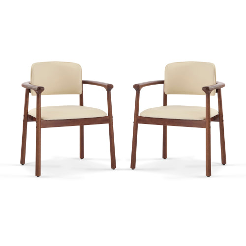 Set of 2 Beige PU Foam Dining Chairs, Dark Walnut Rubber Wood Frame 300lbs Weight Capacity