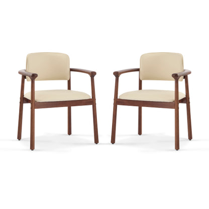 Set of 2 Beige PU Foam Dining Chairs, Dark Walnut Rubber Wood Frame 300lbs Weight Capacity