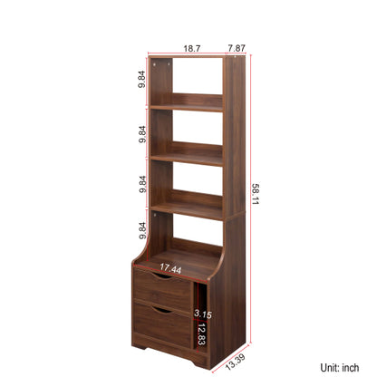 Tall Nightstand with Bookshelf & 2 Drawers Space Saving Bedroom Storage