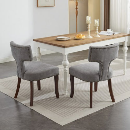 Set of 2 Gray Linen Mid-Century Farmhouse Dining Chairs, Copper Nail Curved Back Walnut Solid Wood Legs 300lbs Capacity