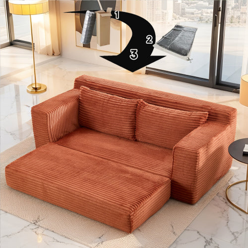Orange Memory-Foam Convertible Loveseat Sofa-Bed Steel-Frame Corduroy No-Assembly Couch for Small Spaces