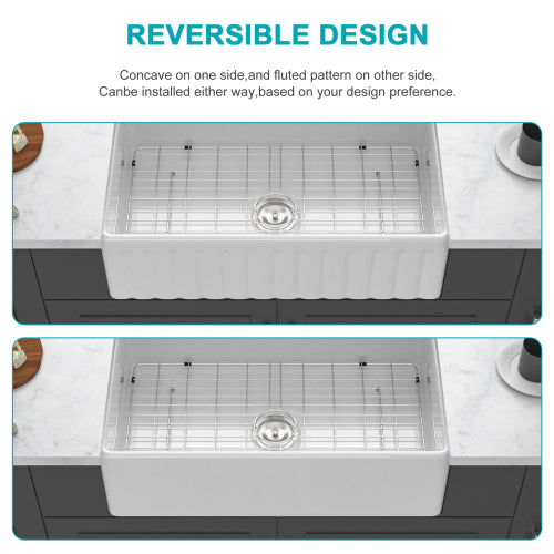 White Kitchen Sink - 33 x 18 x 10 inch White Porcelain Ceramic Single Bowl Reversible Design Kitchen Sink