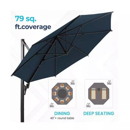 11 Ft Blue Round Large Cantilever Patio Umbrella with 360° Rotation & Tit Adjustment and Heavy Duty Offset Polyester Canopy Deck Umbrella.
