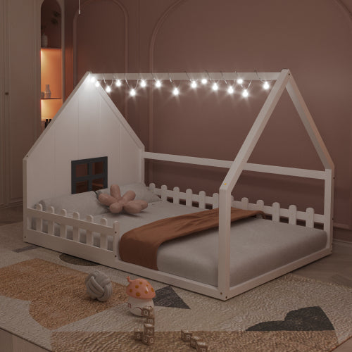 Full Size Wood House Bed with Window and Fence, White