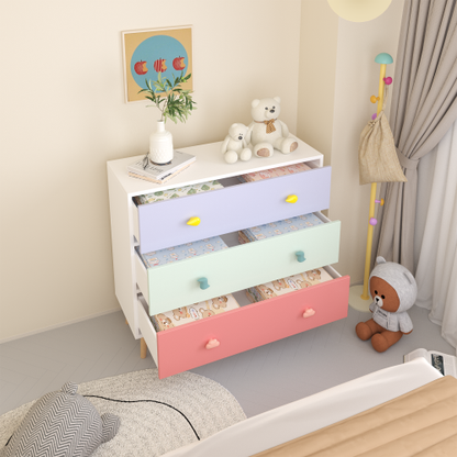 Kids 3 Drawer Dresser, Colorful Baby Nightstand Storage Cabinet, Toddler Bedroom Chest with Cartoon Pulls