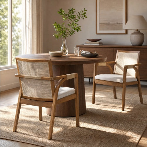 Set of 2 Walnut Rubber Wood Dining Arm Chairs, Textilene Back & PE Rattan Armrest