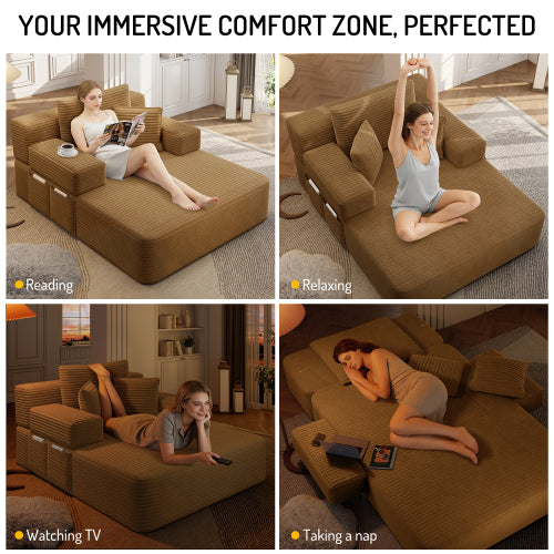 Camel Oversized Plush Corduroy Frameless Convertible Chaise Sofa Bed w/Storage Pockets & 3 Pillows