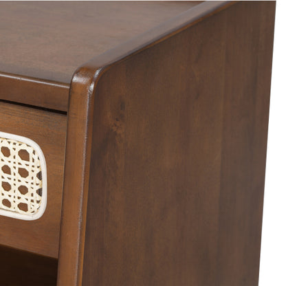 Walnut Nightstand with Rattan Detail, MDF + Solid Wood, Modern Bedroom Storage, Open Shelf & Drawer, Indoor Furniture
