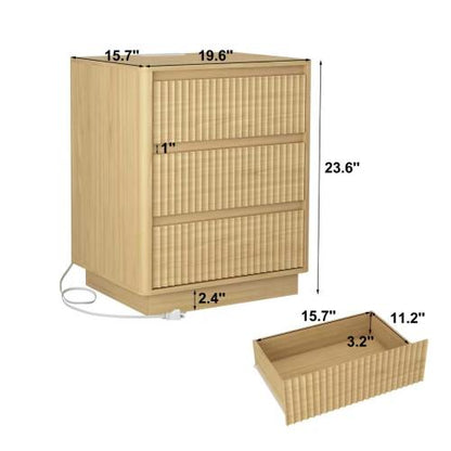 Natural Wood 3-Drawer Nightstand Set with USB-C Charger