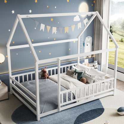 Full Size Floor Wooden Bed with House Roof Frame, Fence Guardrails,White