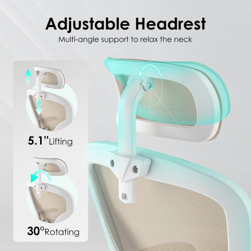 Ergonomic Office Chair, Home Office Desk Chair with Headrest, High Back Computer Chair with Armrests and Adjustable Lumbar Support for Home Office Study Room,White & Khaki