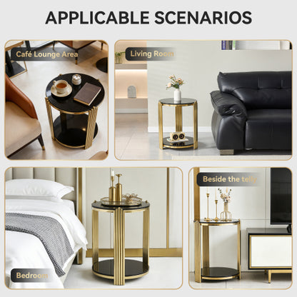 16.9inch  Double-Layer Black Tempered Glass & Gold Steel End Table