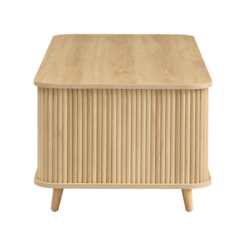 Mid-Century Modern Natural Wood Coffee Table with Tambour Doors & Multi Storage Compartments